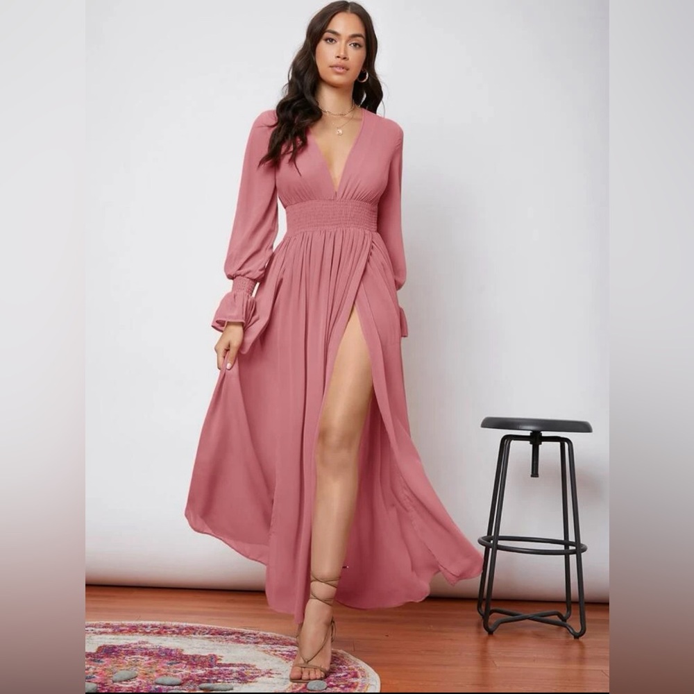 Ruched Waist Ruffle Sleeve Wrap Hem Dress
